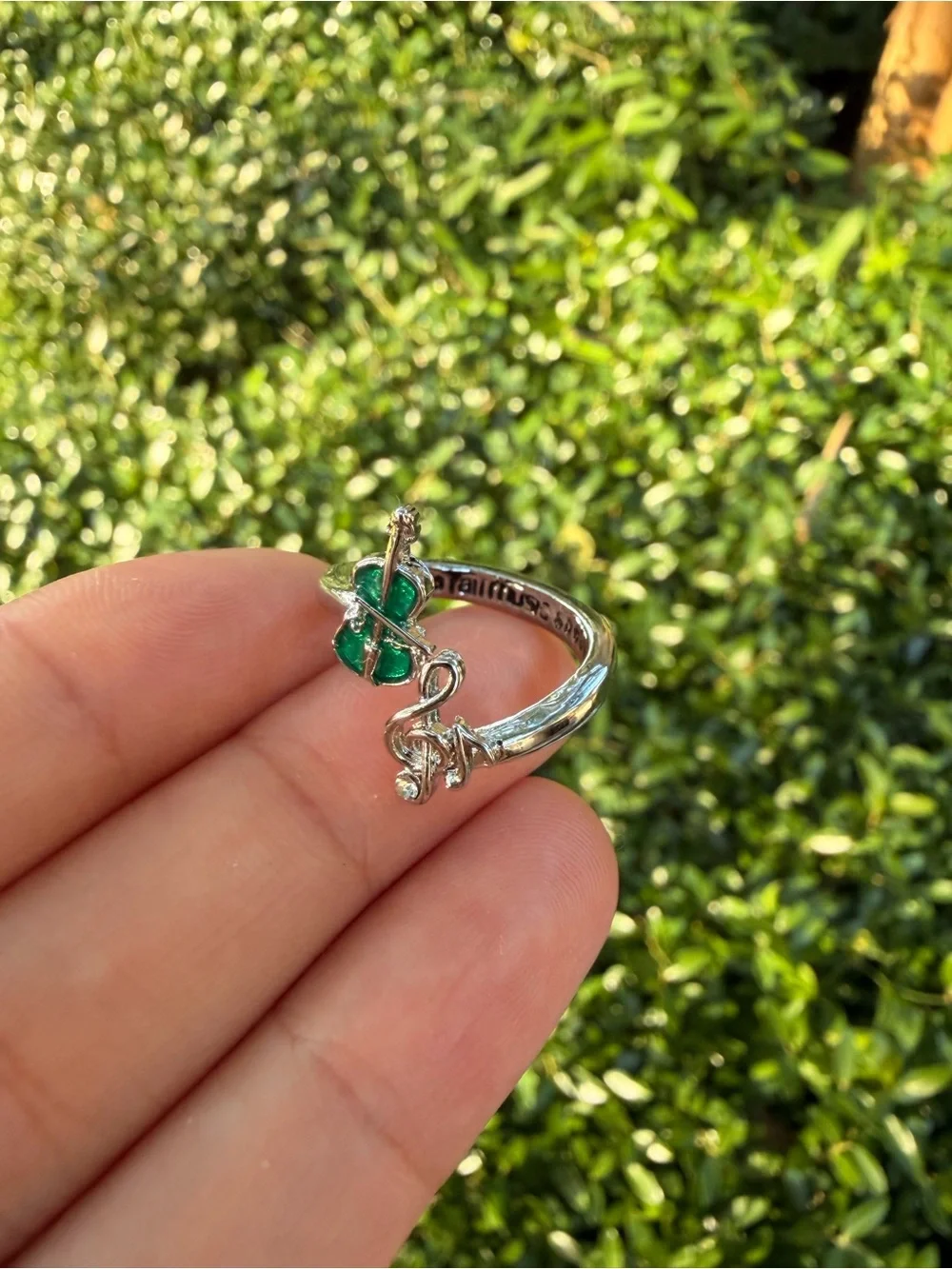 Silver Green Clover Open Ring